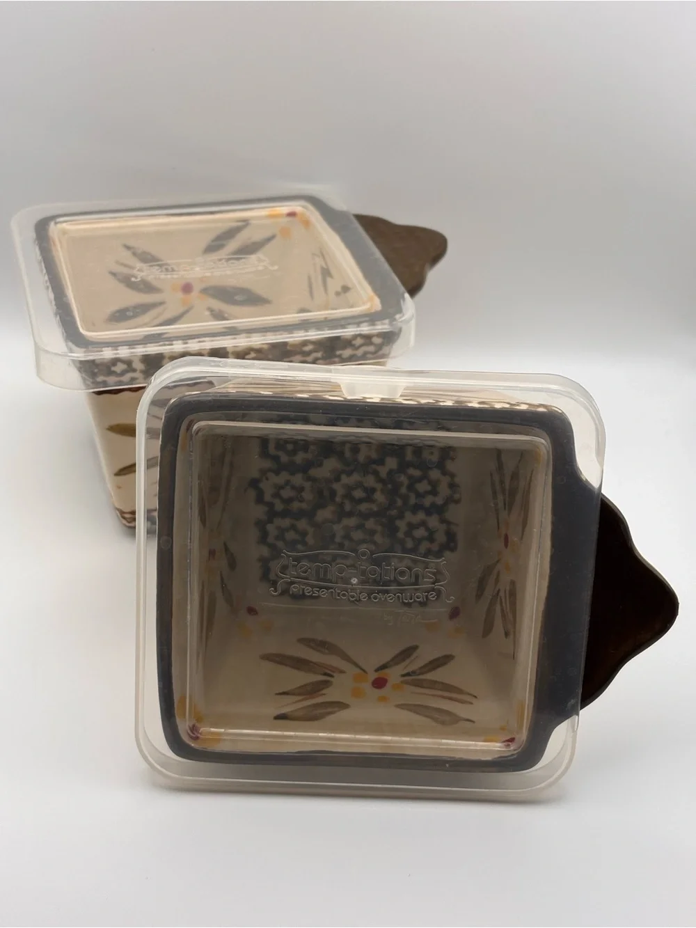 Set of 2 Temptations Ovenware Square Ramekins with Lids in Old World Brown